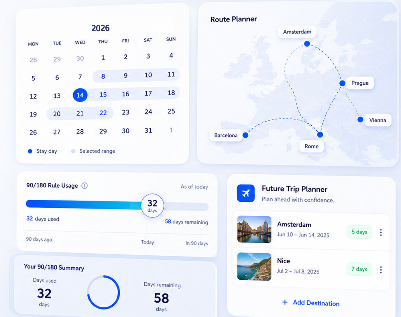 Schengen stay calculator dashboard preview with calendar, route planner and trip summary cards